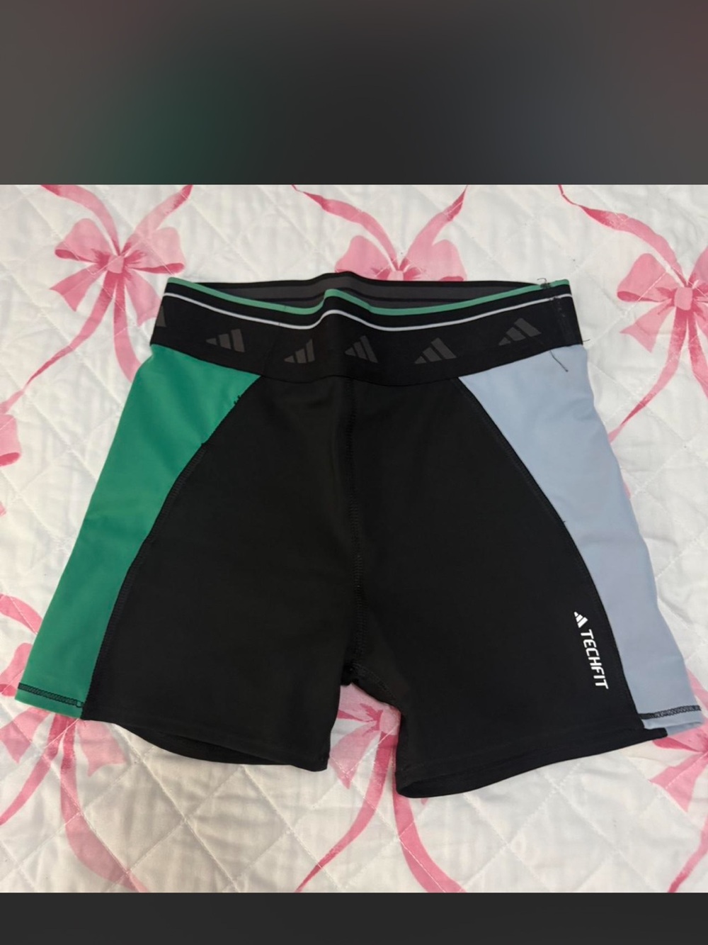 adidas Black Shorts with Green & Light Blue Side Panels
